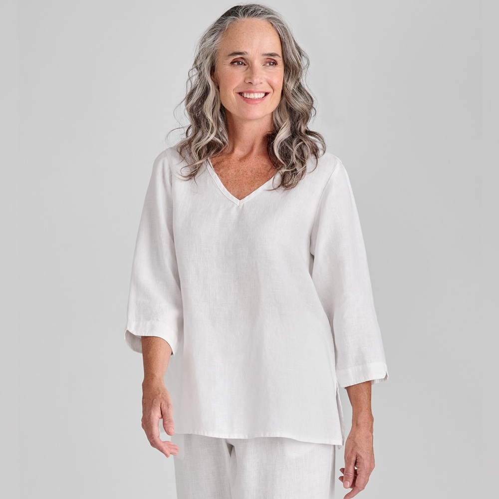 Flax White‎ V Neck Pullover Shirt Lagenlook Minimalist Quiet Luxury - Picture 2 of 11